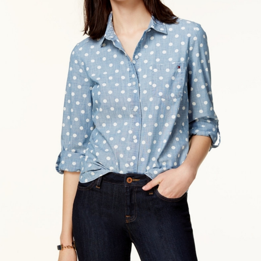 Tommy Hilfiger Women's Roll Tab Dot Print Shirt Size S